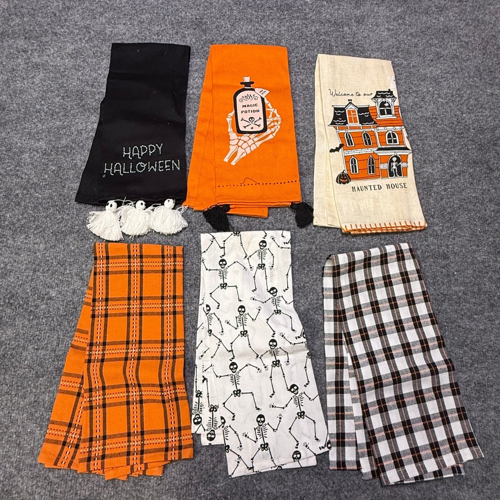 Halloween Kitchen Tea Towels Set of 6 Ghost Skeleton Haunted House Plaid